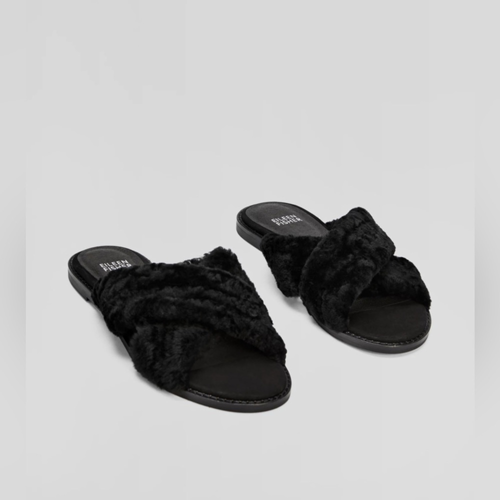 Eileen Fisher Shearling Sandals 8 Black New Cross Slides Fur